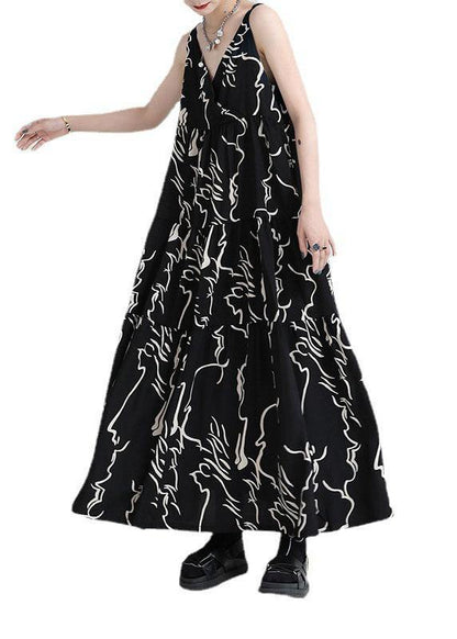 Black Print Asymmetrical Design a Line Dress Sleeveless