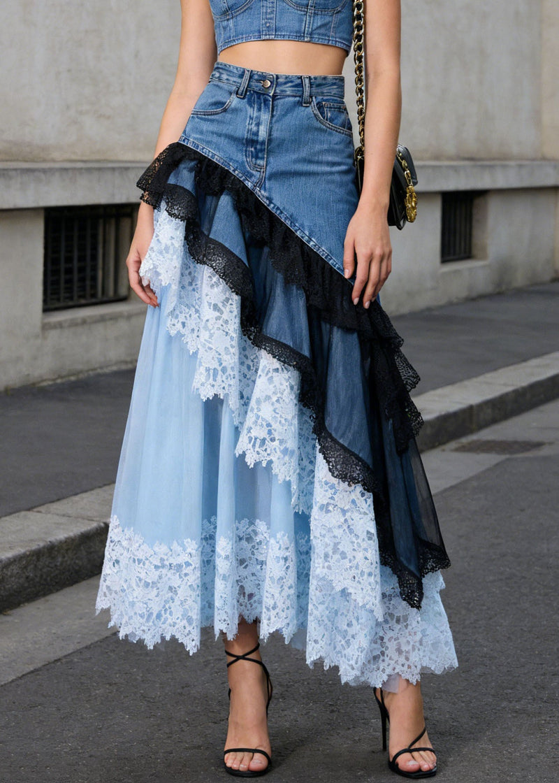 Blue Asymmetrical Lace Patchwork Denim Skirts Summer