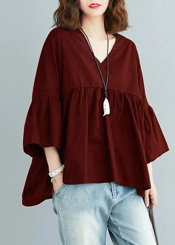 Green Feather V Neck Patchwork Asymmetrical Design Fall Top Three Quarter Sleeve