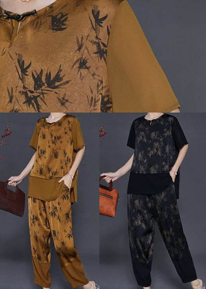 Black Patchwork Silk Two Piece Set Clothing Print Summer