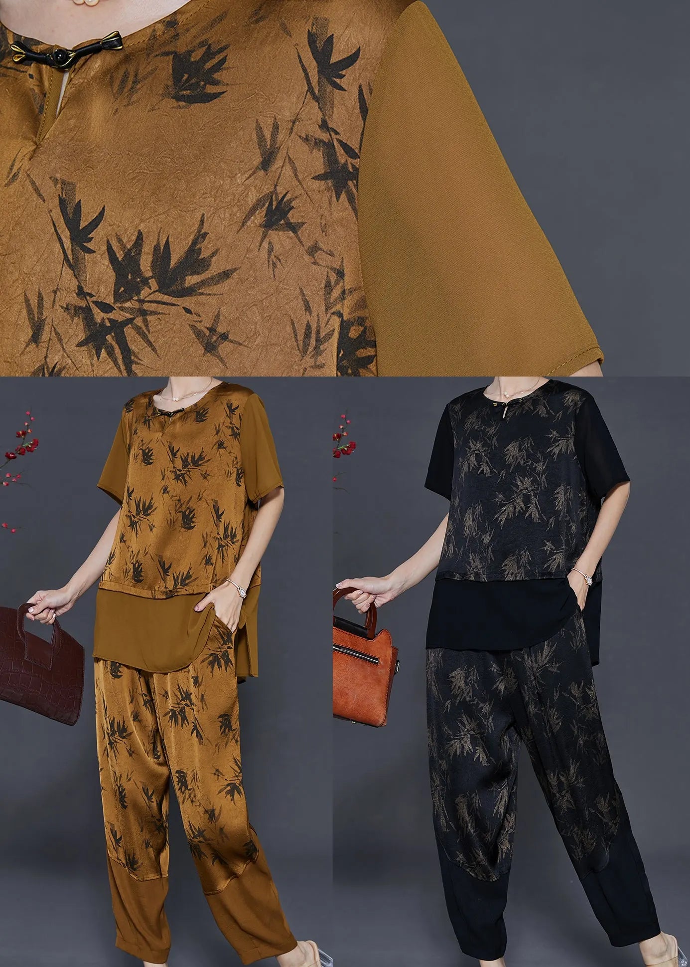 Yellow Print Patchwork Silk Two Pieces Set Summer