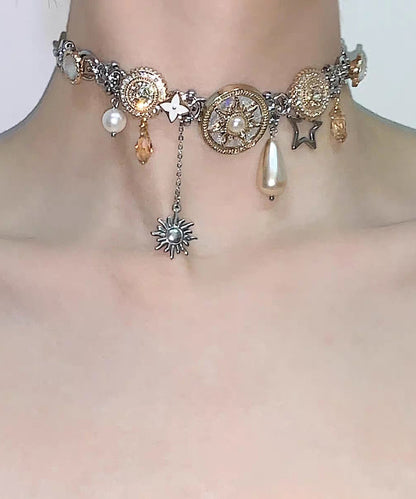 Gold Button Pearl Titanium Steel Choker