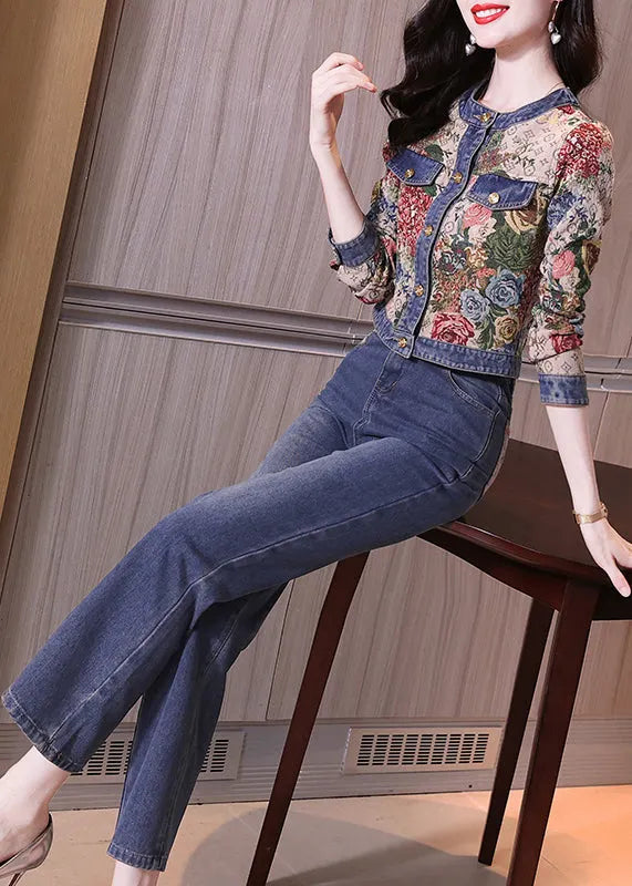 Italian Blue O Neck Button Print Denim Two-piece Set Spring