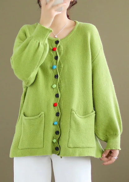 Green Button Pockets Knit Coat Long Sleeve