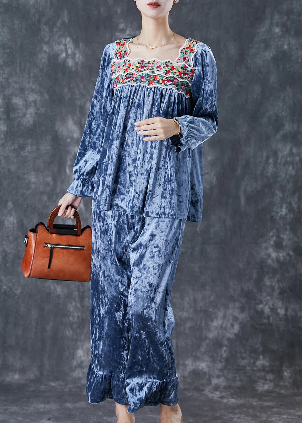 Blue Patchwork Silk Velour Two-piece Set Square Collar Embroideried Fall