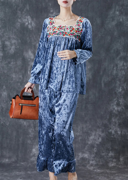 Blue Patchwork Silk Velour Two-piece Set Square Collar Embroideried Fall
