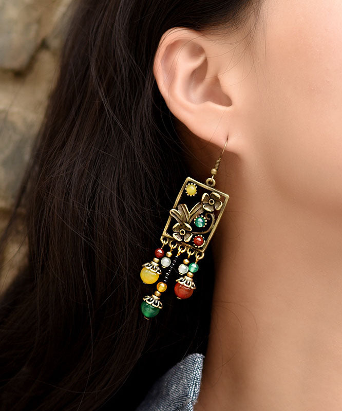 Multi Color Agate Metal Copper Tassel Drop Earrings