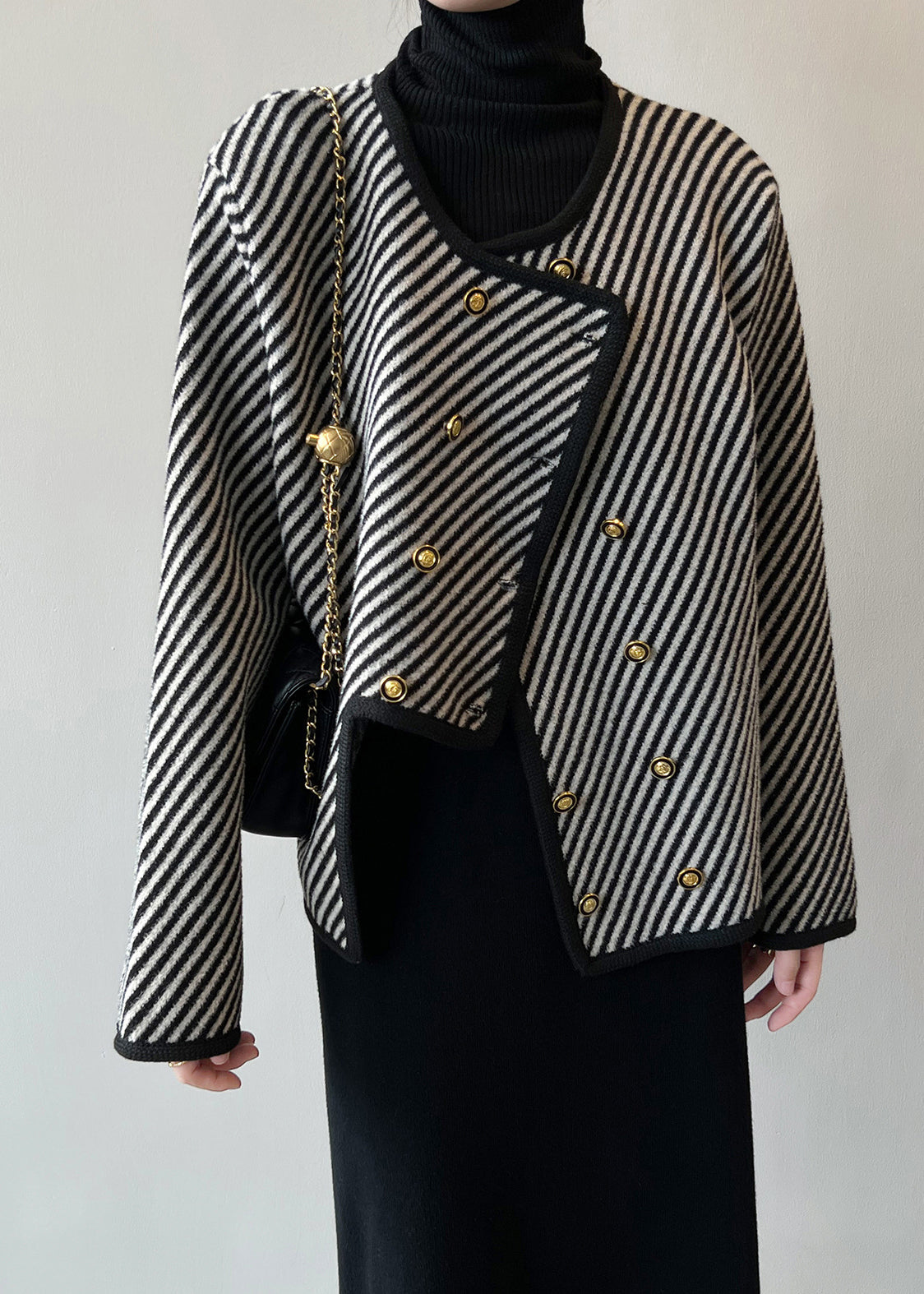Italian Asymmetrical Striped Double Breast Cotton Coats Fall
