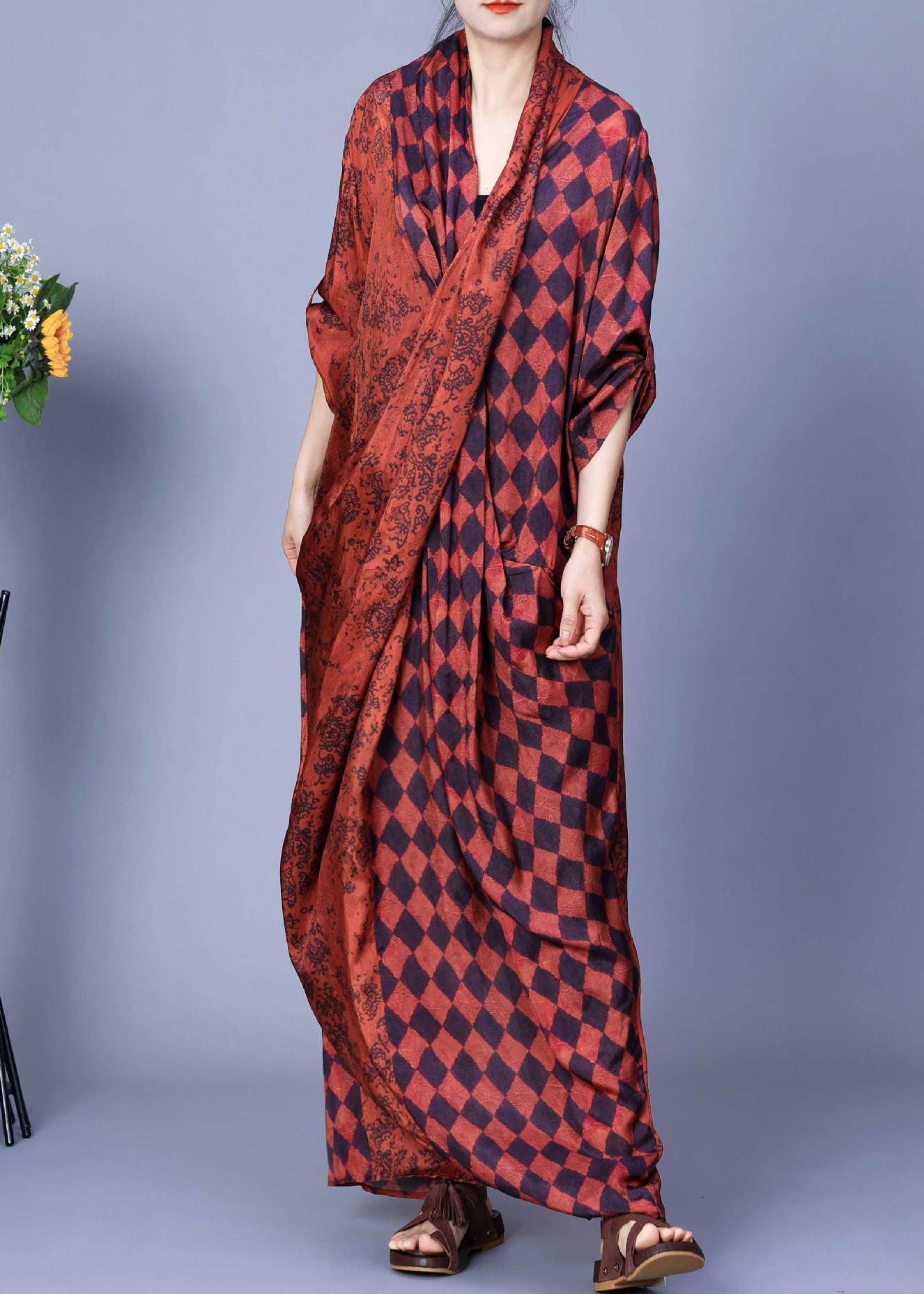 Orange V Neck Plaid Silk Long Dress Long Sleeve