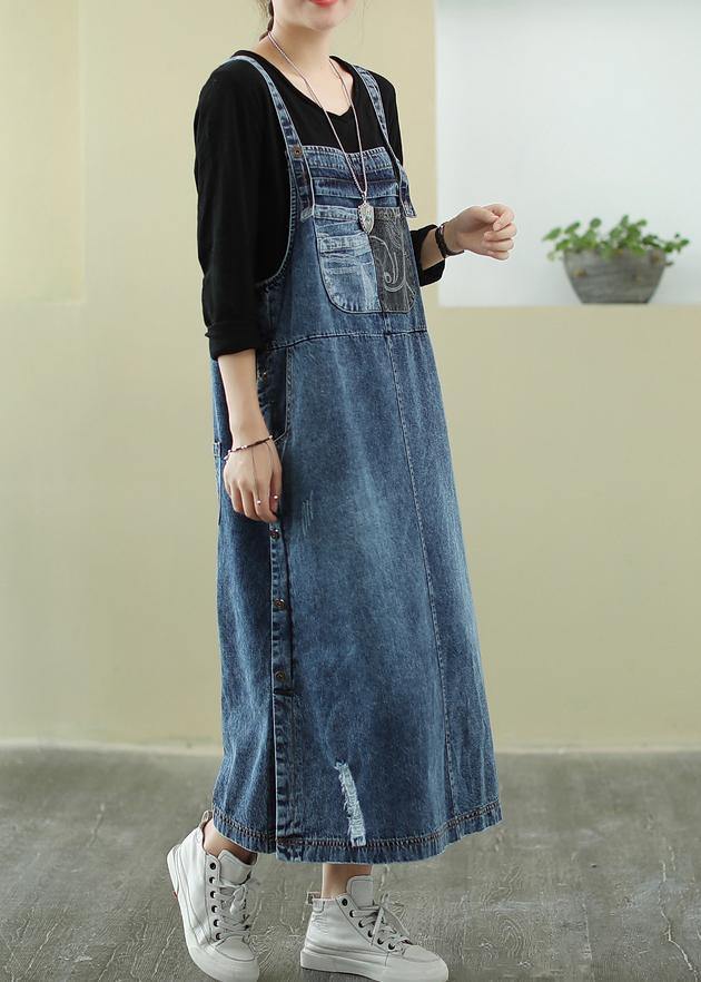 Vivid Denim Blue Tunic Dress Slash Neck Hole Maxi Dress