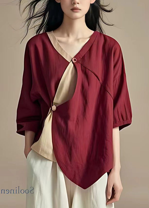 Organic Mulberry V Neck Asymmetrical Patchwork Button Shirt Summer