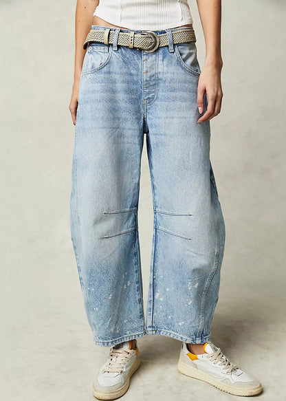 Modern Blue Pockets High Waist Denim Crop Pants Summer