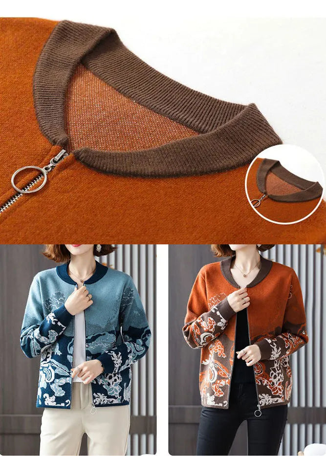 Modern Blue O-neck Zip Up Print Knit Jackets Long Sleeve
