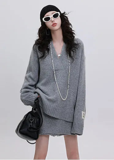 Natural Grey Oversized Warm Knit Sweater and Skirt Two-piece Set Winter