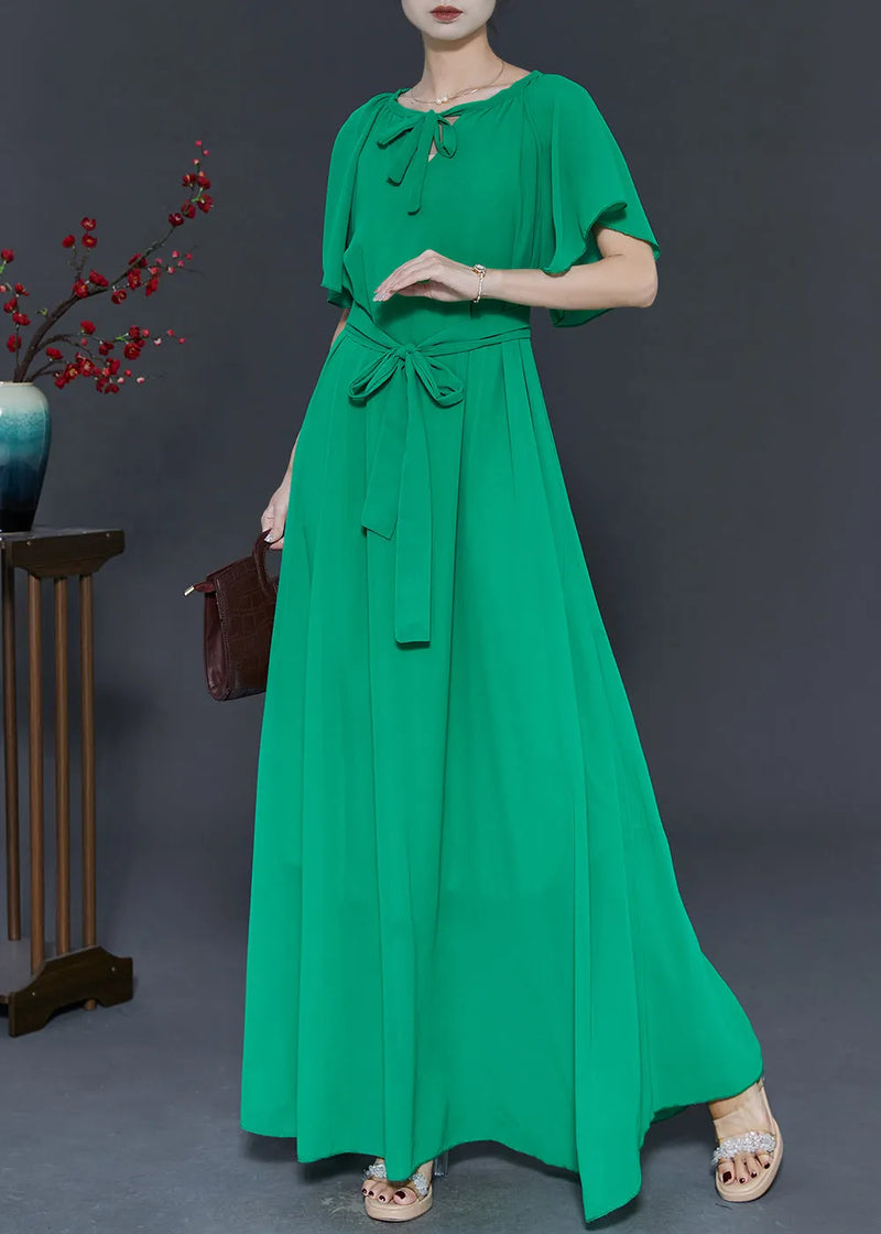 Grass Green Chiffon a Line Dresses Tie Waist Summer