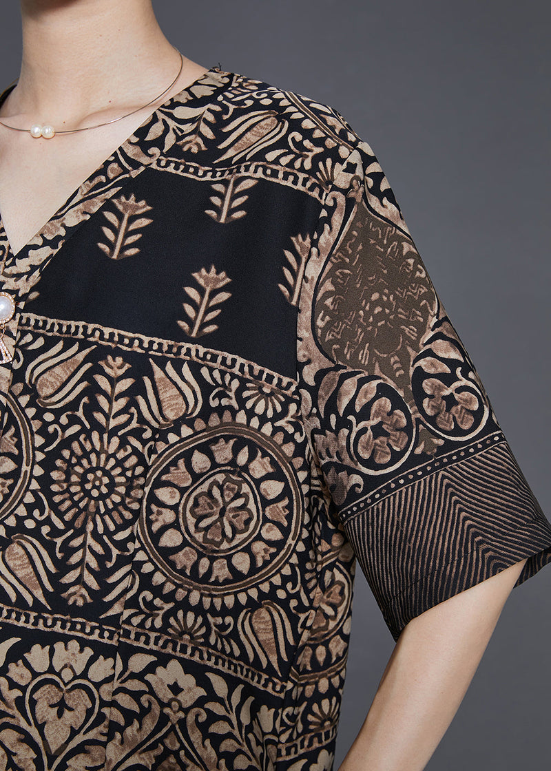 Stylish Brown V Neck Print Silk Two Piece Set Clothing Summer