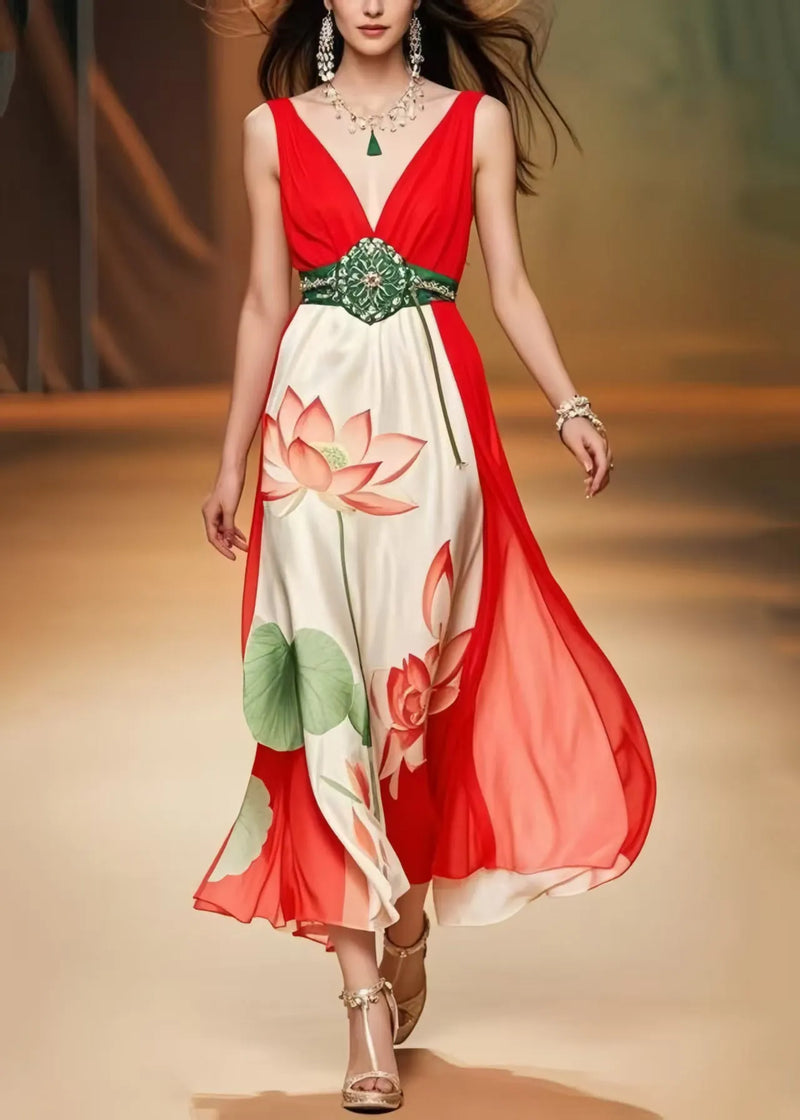 Fine Red Cinched Patchwork Silk Mini Dress Summer