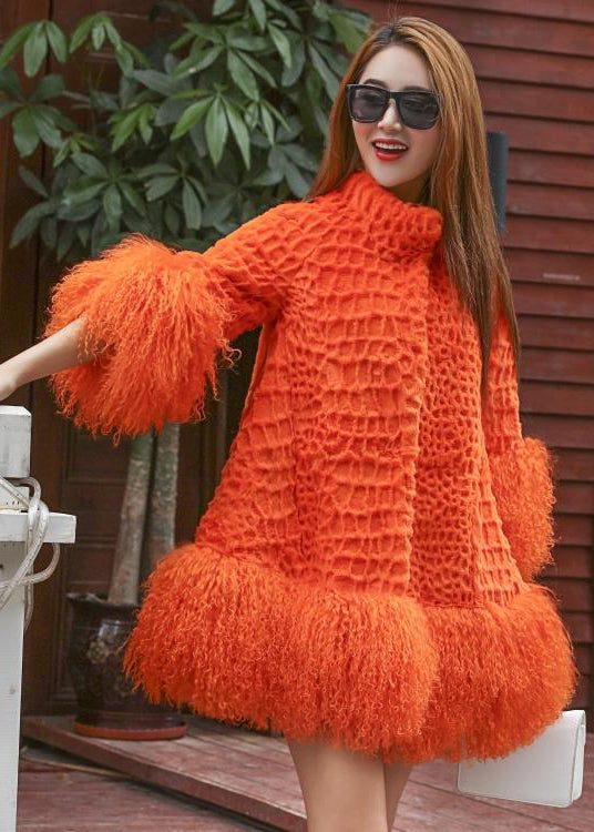 Orange Fluffy Patchwork Wool Coat Winter