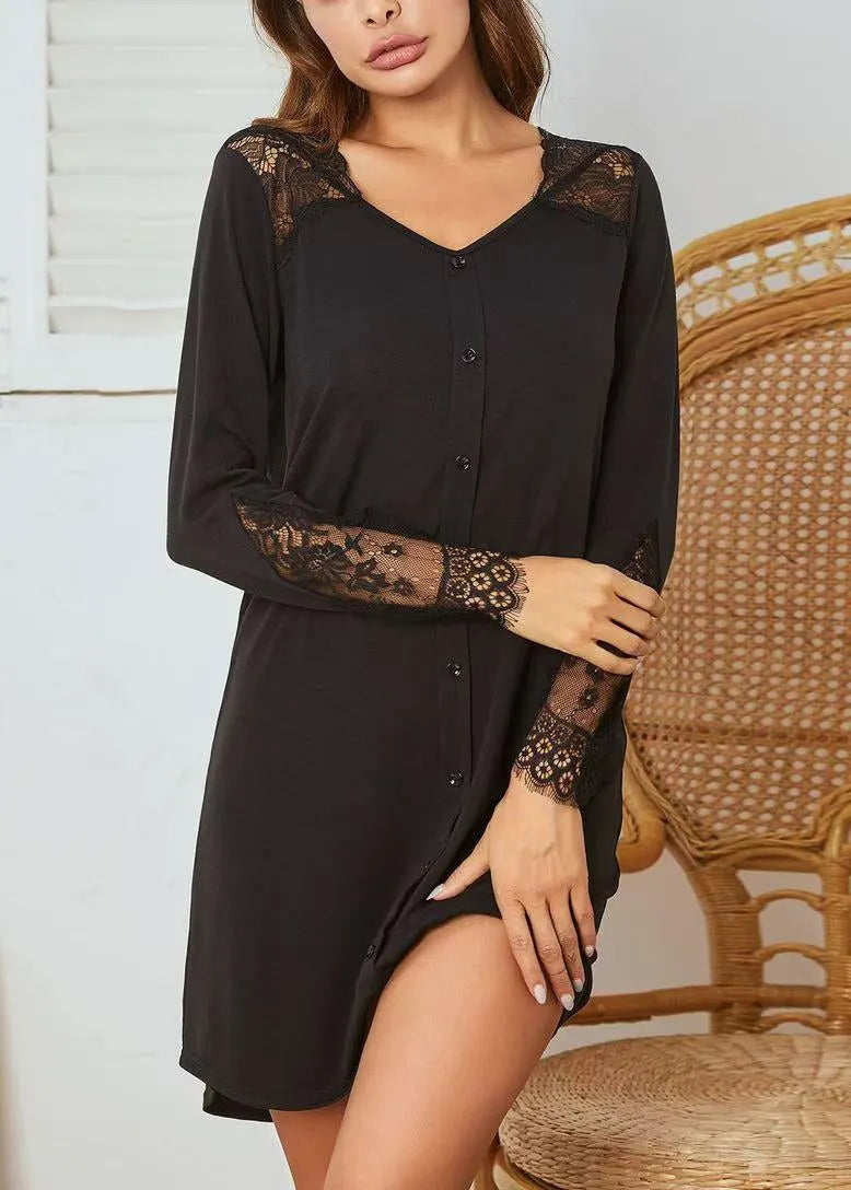 Black Lace Patchwork Cotton Spring Pajamas Dresses V Neck