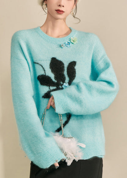 Blue Print Patchwork Thick Cotton Knit Sweater Long Sleeve Winter