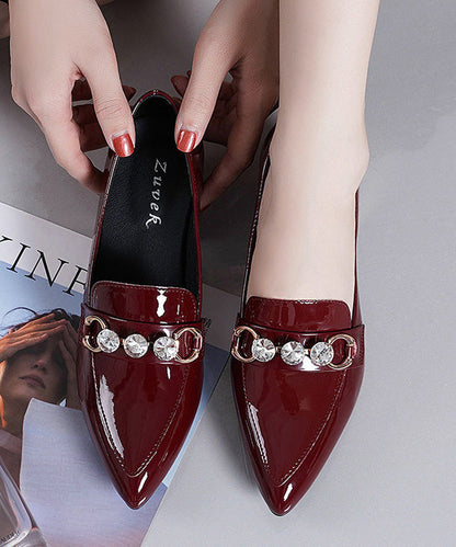 Black Faux Leather Zircon Pointed Toe Chunky Heel