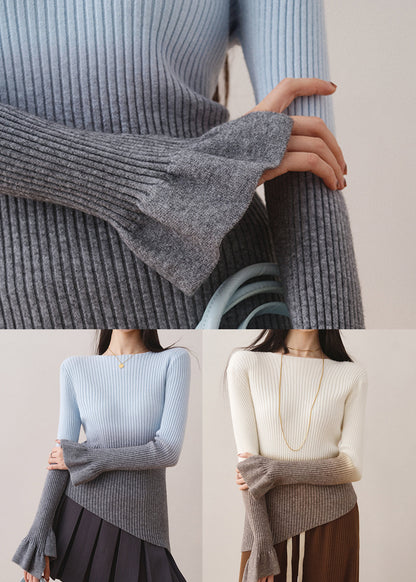 White Gradient Slash Neck Slim Knit Sweaters Fall