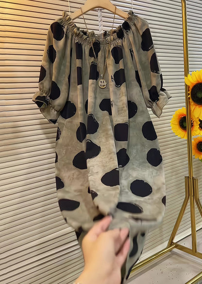 French Khaki Ruffled Dot Cotton Dress Butterfly Sleeve Summer