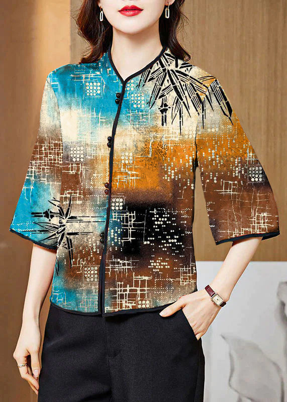 White Geometry Mandarin Collar Print Silk Shirt Tops Half Sleeve