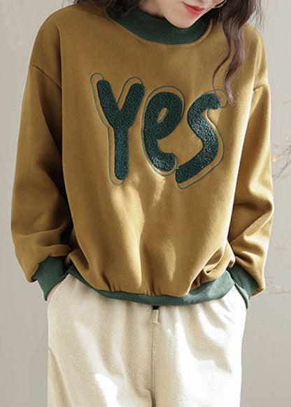 Yellow Embroideried Patchwork Warm Fleece Pullover Sweatshirt Spring