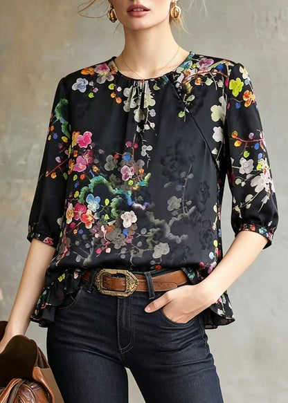 Stylish Black Ruffled Print Silk Blouse Top Summer