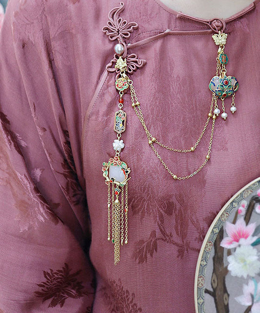 Retro Gold Overgild Pearl Jade Little Bird Tassel Brooch