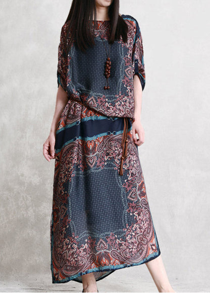 O-neck Print Patchwork Pockets Tie Waist Chiffon Dresses Short Sleeve