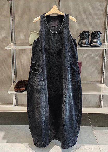 Black Original Design Pockets Long Dress Sleeveless