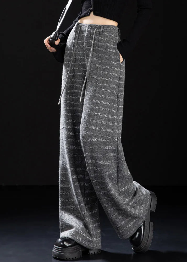 Grey Oversized Striped Woolen Straight Pants Winter