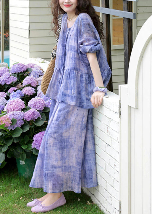 New Purple O-neck Wrinkled Cotton Two Pieces Set Spring