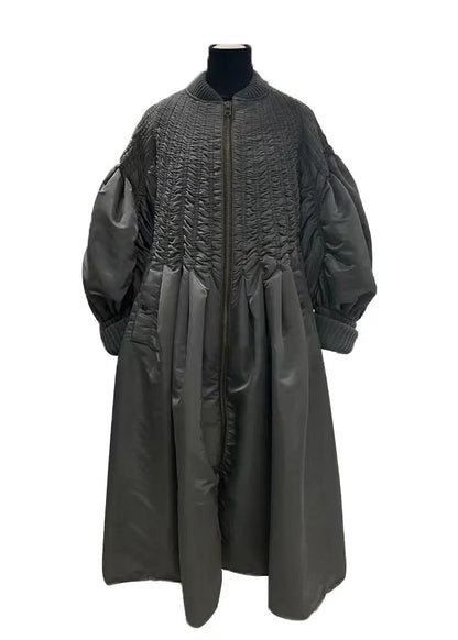Grey Zip Up Wrinkled Pockets Patchwork Fine Cotton Filled Coat Winter