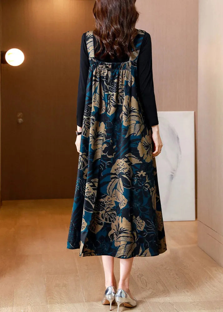 Blue Slash Veck Print Top and Slip Dress Two Piece Set Summer