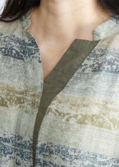 Handmade Green Print V Neck Robe Linen Dresses Half Sleeve