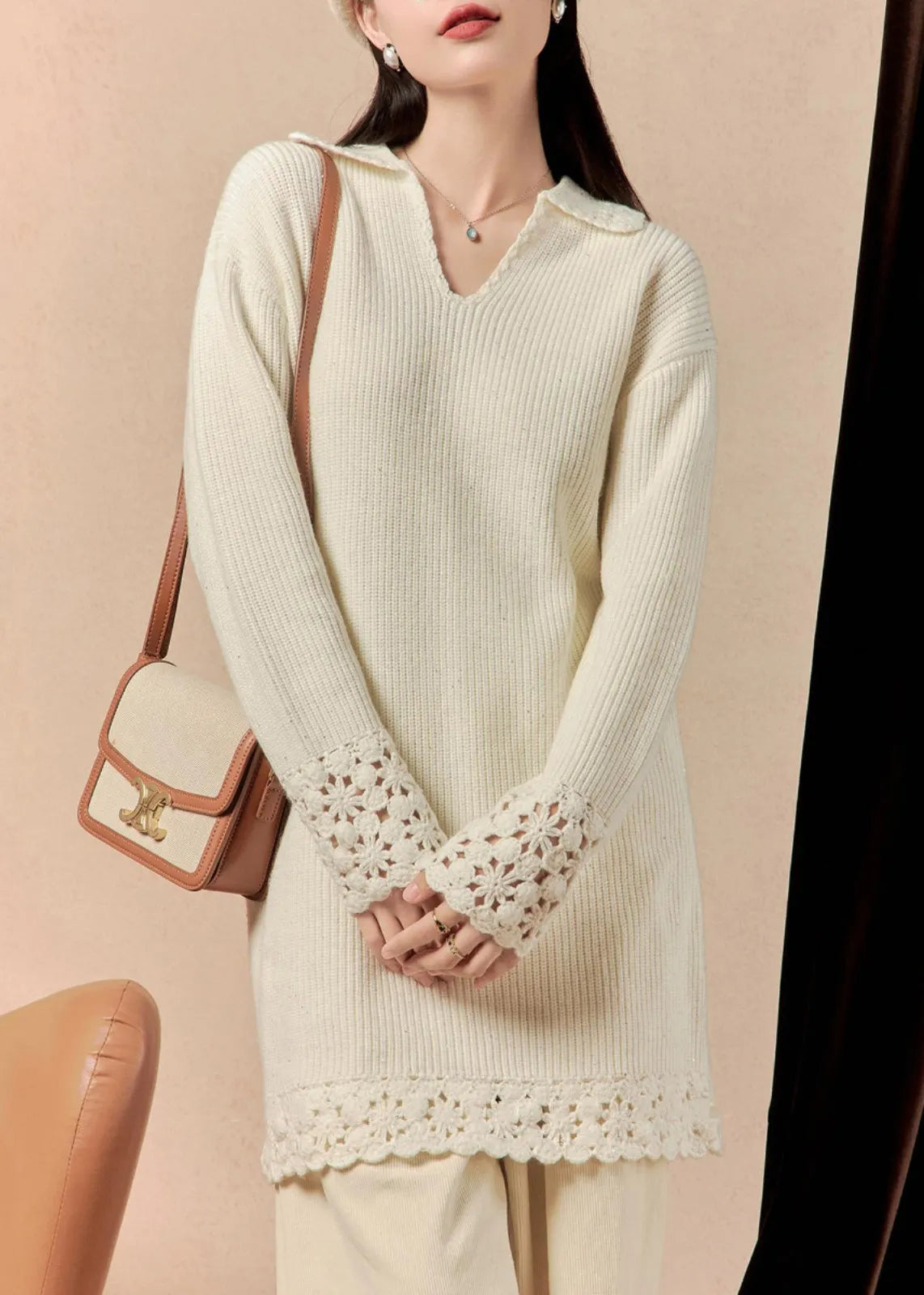 Beige Peter Pan Collar Hollow Out Knit Mid Dress Spring