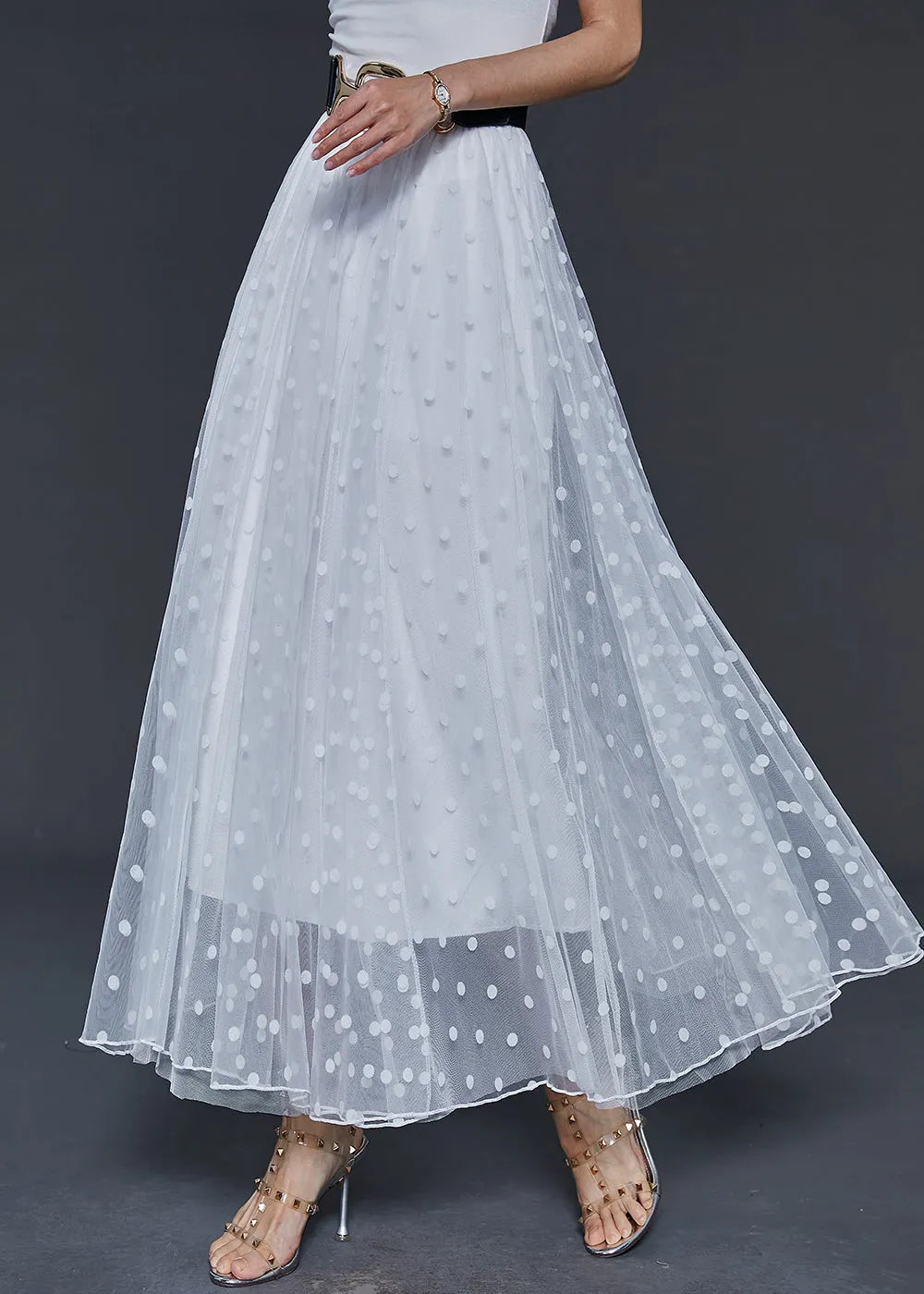 White Dot Tulle Holiday Skirts Elastic Waist Summer