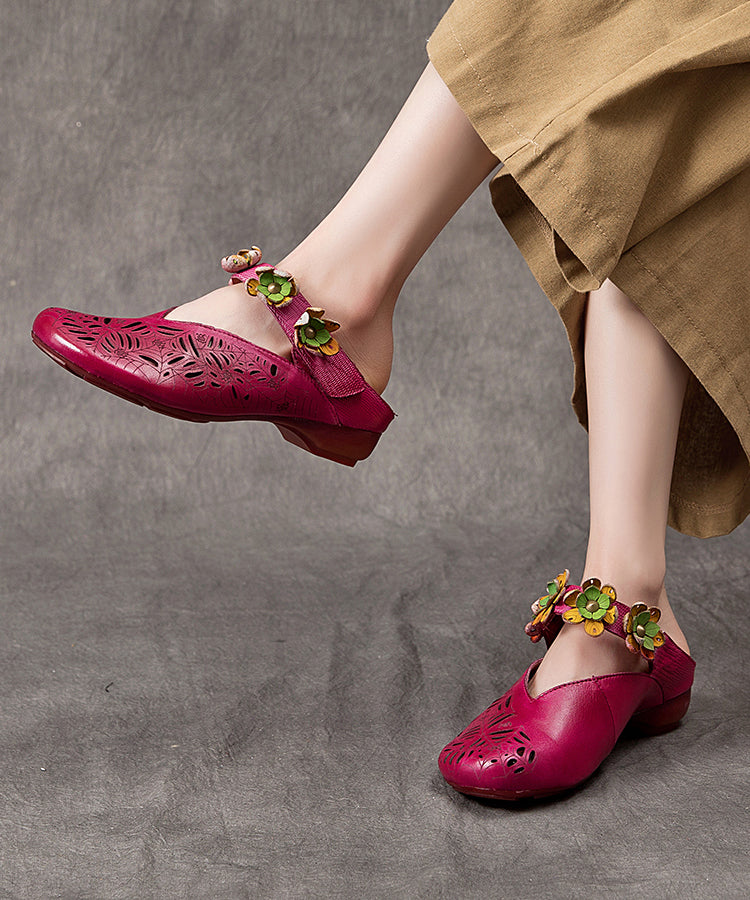 Purple Hollow Out Cowhide Leather Slide Sandals