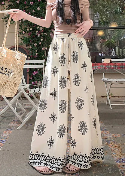 Apricot Print Elastic Waist Cotton Wide Leg Pants Summer