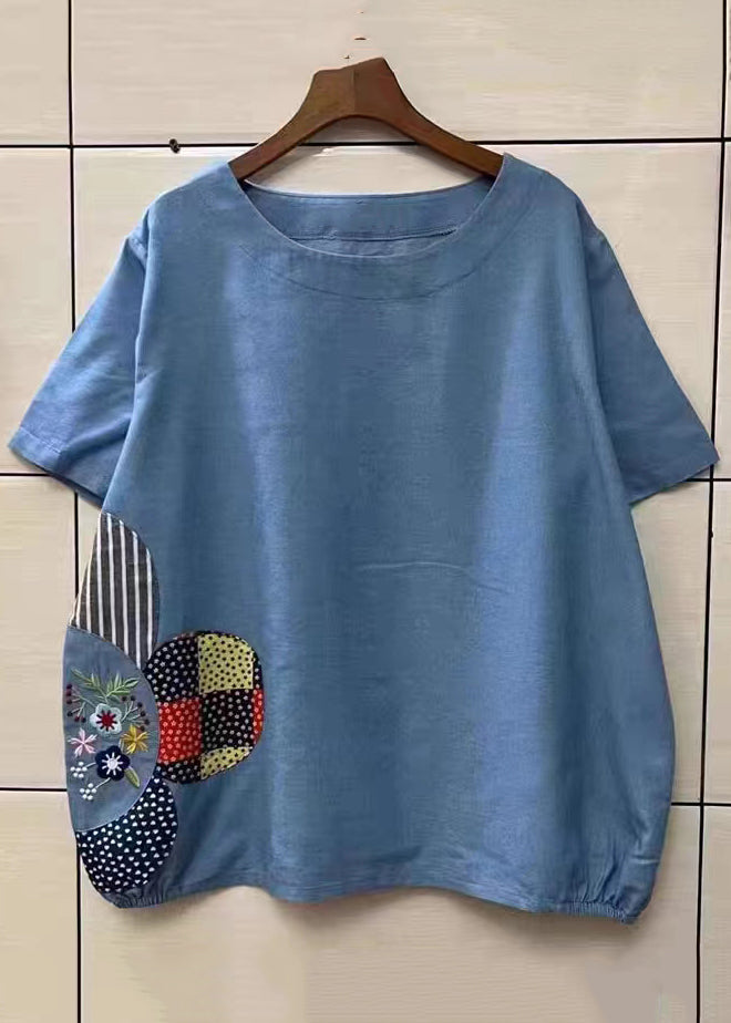 Loose Navy O-neck Embroideried Patchwork Denim T Shirt Top Summer