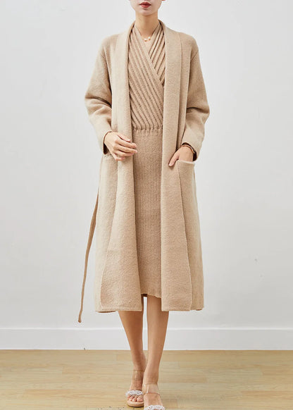 Khaki Warm Knit Sets 2 Pieces V Neck Tie Waist Winter