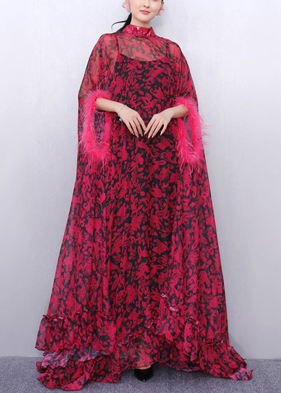 Stylish Purple Turtleneck Print Tulle Patchwork Party Maxi Dress Half Sleeve Fall
