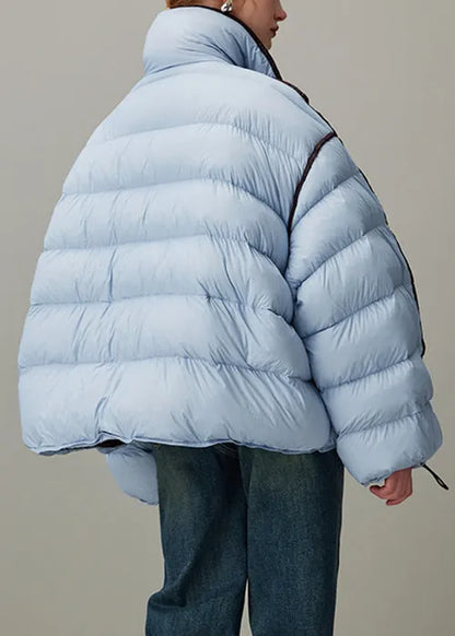 Loose Blue Stand Collar Zippered Drawstring Duck Down Puffer Coat Winter