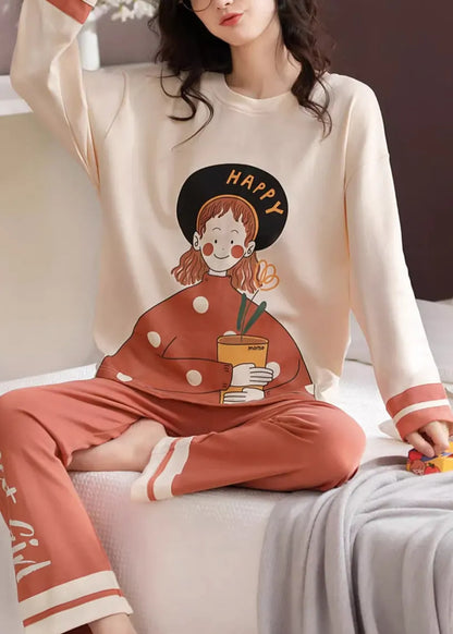 Beige Print T Ahirt and Orange Pants Cotton Pajamas Two Pieces Set Fall