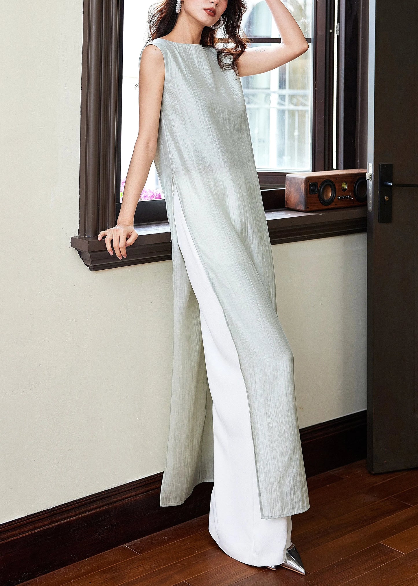 Italian Blue Side Open Tops and White Pants Cotton Two-piece Set Sleeveless