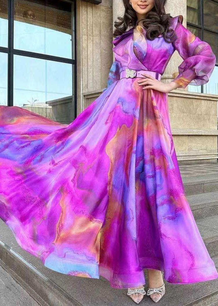 Purple Print Sashes Tulle Patchwork Exra Large Hem Dress Spring