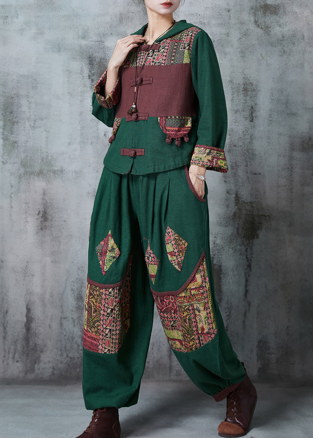 Green Chinese Button Patchwork Cotton Two Piece Set Spring